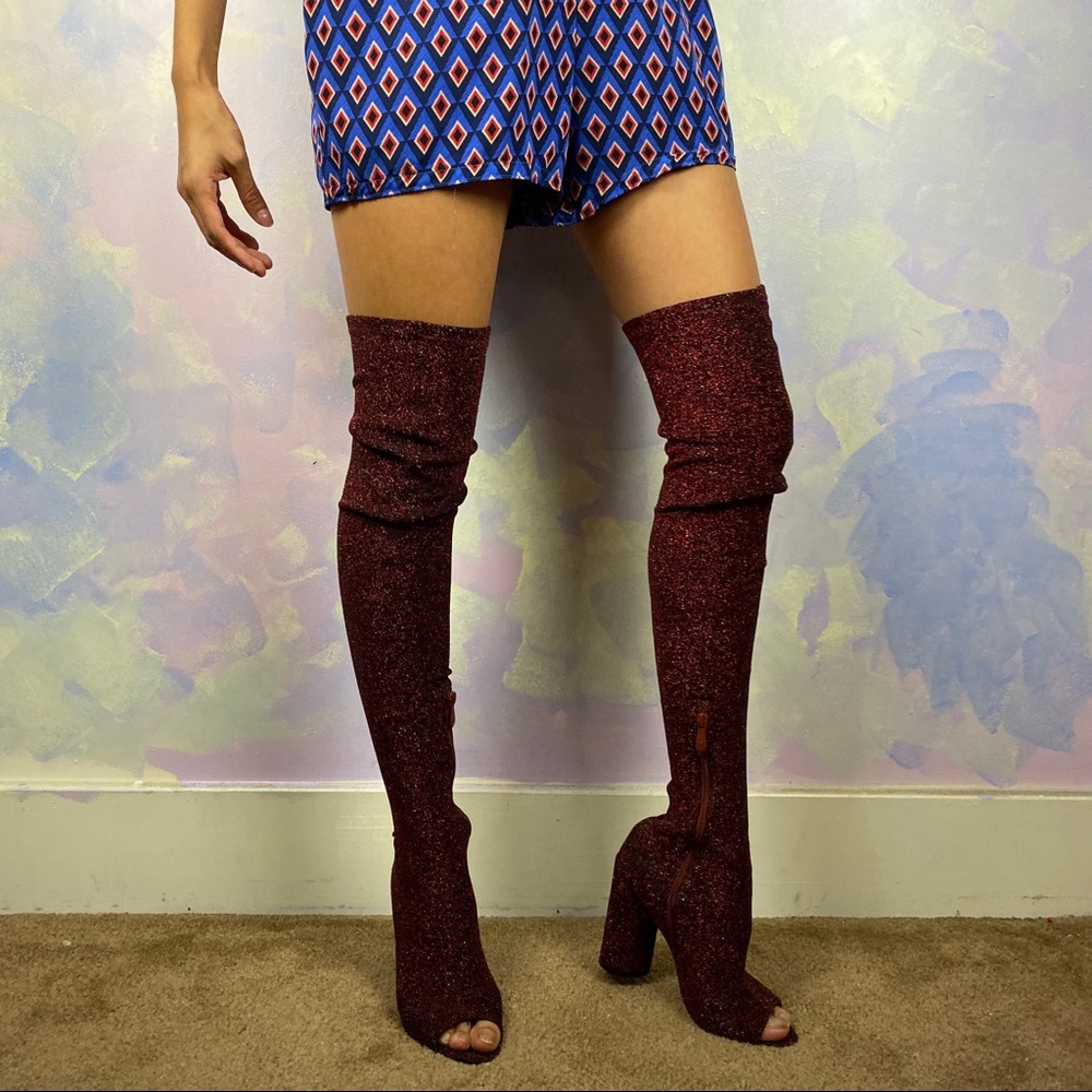 Red sparkly peep toe thigh high boots